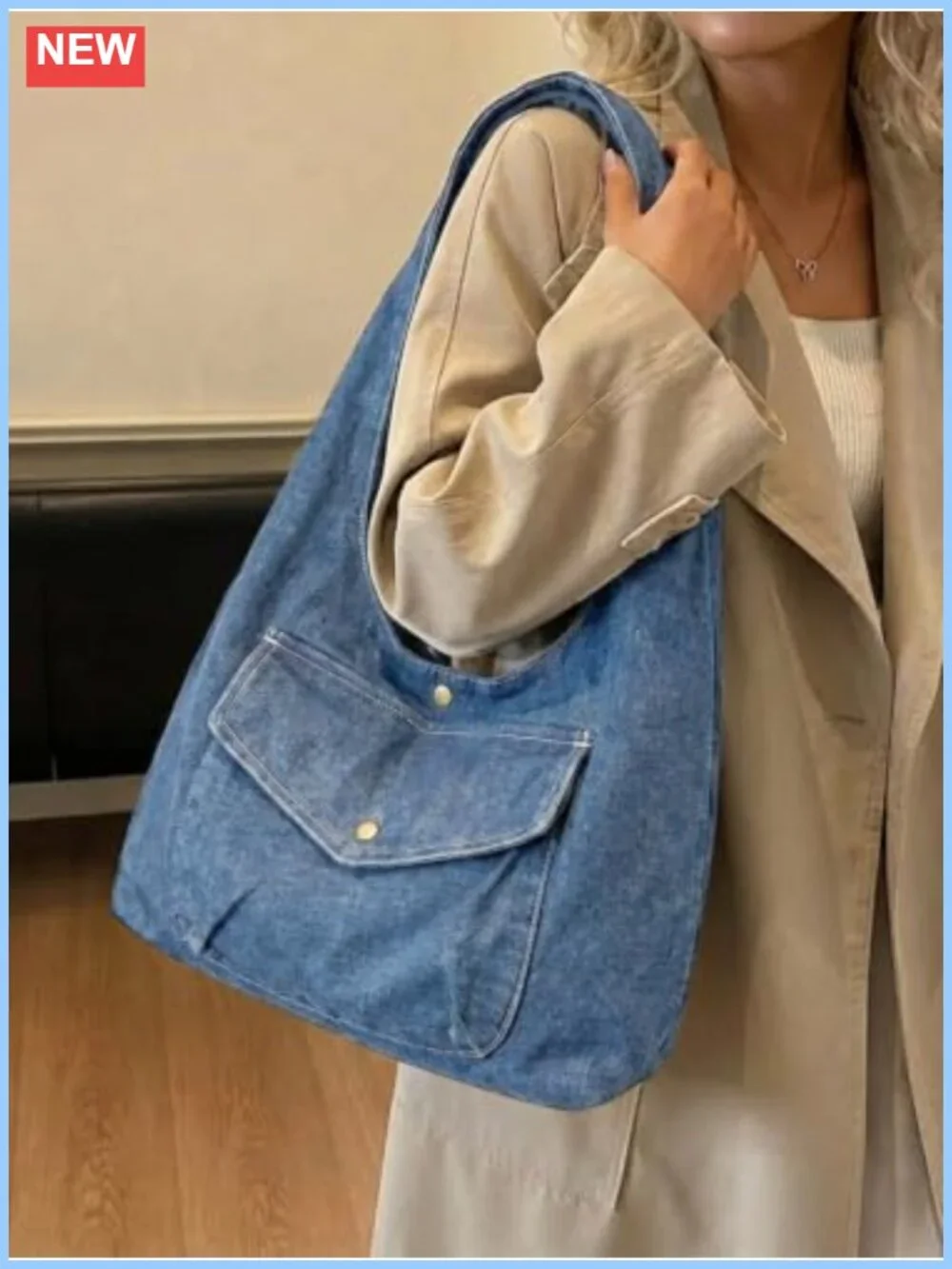 Denim Hobo Bag Large Capacity Reversible Canvas Tote Shoulder Purse